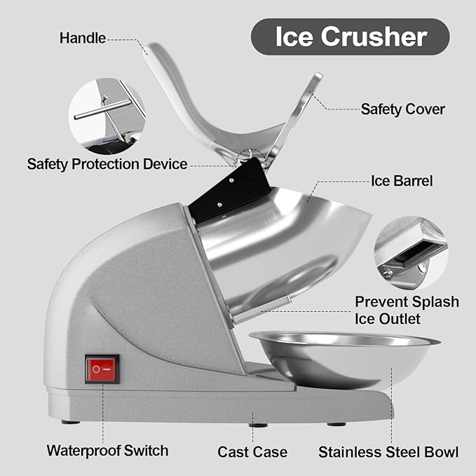 Shaved Ice Machine 380w Snow Cone Machine 3 Stainless Steel Blades Ice Shaver Machine Electric Ice Crusher 280lbs/hr Snow Cone Maker for Home and Commercial with Ice Pick(Silver)