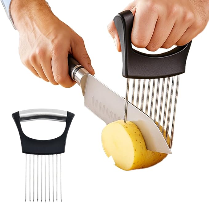 Onion Slicer Holder, Onion Holder for Slicing, Stainless Steel Vegetable Chopper and Onion Slicer Tool, Kitchen Assistant for Onions, Potatoes, Tomatoes and Fresh Produce (1pcs)