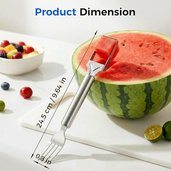 2 in 1 Stainless Steel Fruit Cutter, 2026 New Upgrade Dual Head Fruit Slicer and Fork, Hand Crank Watermelon Cutter for Pineapple Melon, Easy Clean Kitchen Gadget (3PCS)