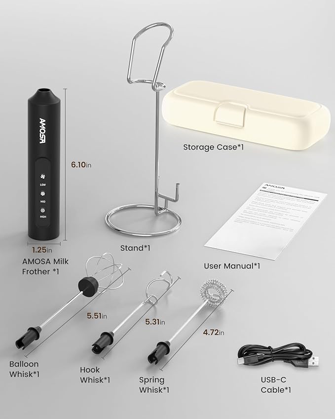 AMOSA Milk Frother Handheld with Stand, Rechargeable Frother with 3 Speeds & 3 Heads, Travel Frother with Case, Coffee Mixer for Latte, Milk, Cream, Egg, Coffee, Cappuccino