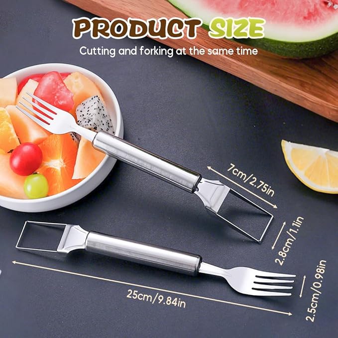 2-in-1 Stainless Steel Watermelon Cutter, Fruit Slicer and Fork Tool, Dual Head Watermelon Cube Cutter with Round Handle for Easy Serving, Kitchen Fruit Cutting Tool (1pcs)