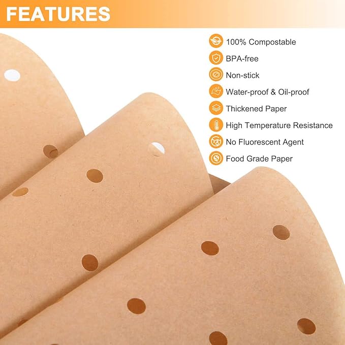 Air Fryer Parchment Paper, 9 Inch Round Liner, 200PC Unbleached Filter Paper for Air Fryers (100 Perforated and 100 Imperforate), Non-Stick Baking Paper