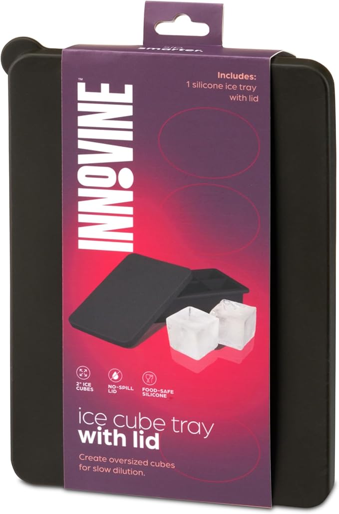 Innovine Ice Cube Tray with Lid, Easy Release Large Silicone Mold, 2 Inch Ice Cubes for Whiskey, Cocktails, Mixed Drinks, Iced Coffee, Juice, Home Bar and Kitchen Accessories, Set of 1, Black