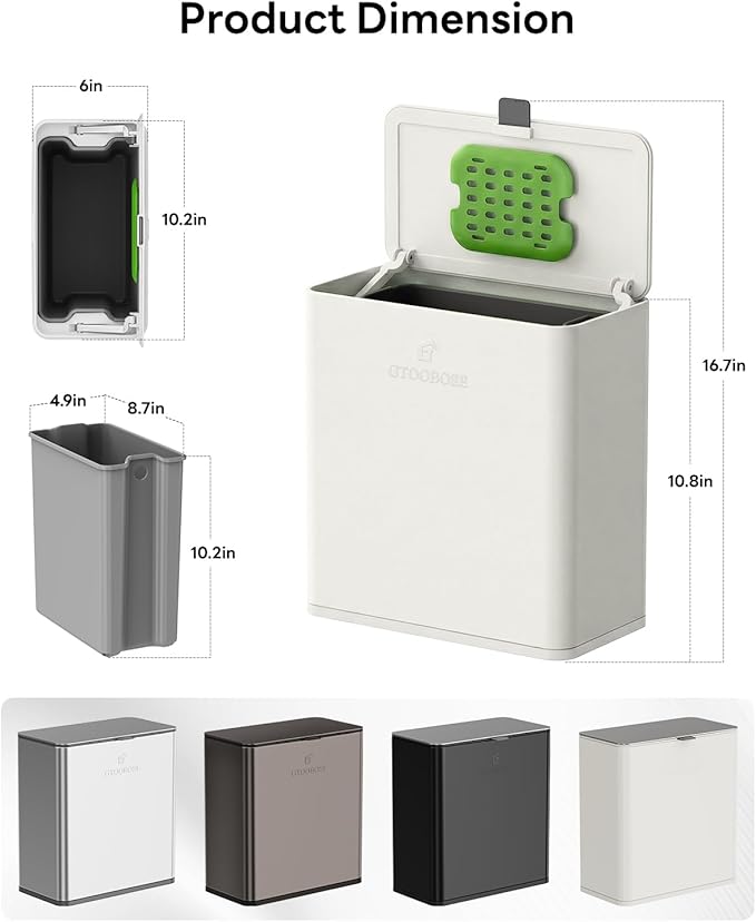 Kitchen Compost Bin, 8L/2.1G Small Trash Can with Lid, Slim Stainless Steel Hanging Garbage Bin for Kitchen, Bathroom, Bedroom, Office, Wall Mounted Compost Bin with Inner Bucket, White