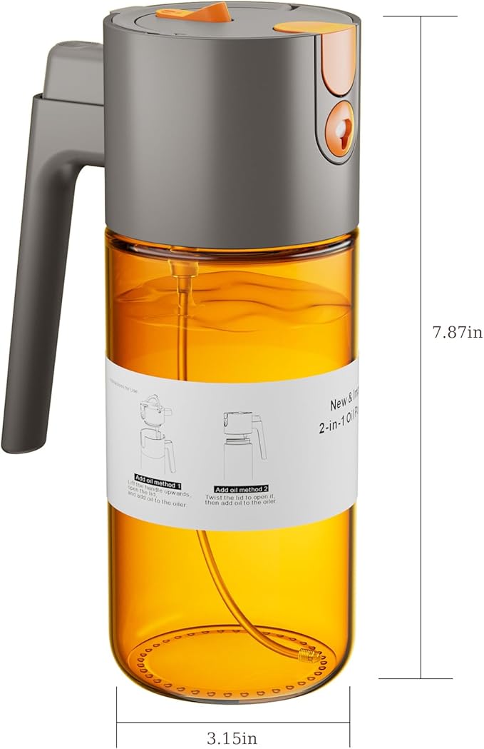 LAKUMIQI 2 in 1 Oil Sprayer for Cooking, 17oz Light-Blocking Glass Spray Bottle with Stickers, Oil Dispenser for Salad, Air Fryer & BBQ
