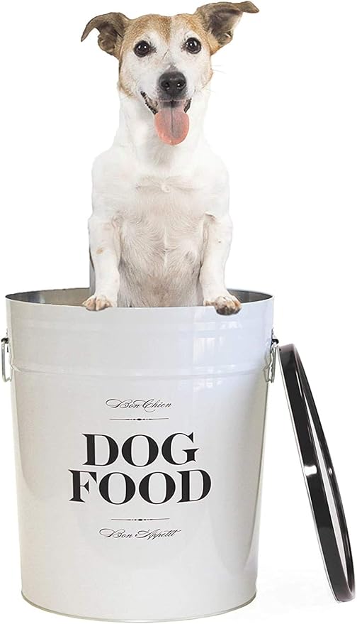 Harry Barker Bon Chien Dog Food Storage Canister – Large 11 gallon, Airtight Stainless Steel Pet Food Container, Stylish Kitchen Counter Dog Kibble Storage with Easy-Open Lid - White