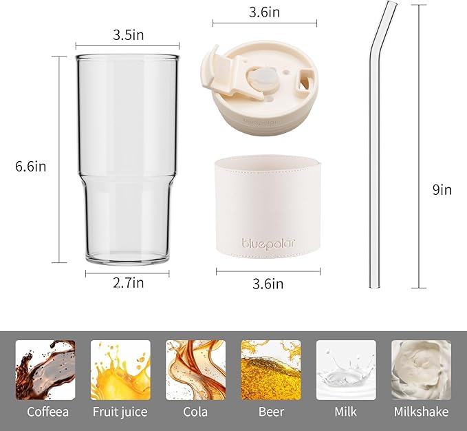 BLUEPOLAR 23oz/680ml Iced Coffee Tumbler, Glass Cups with Lids and Straws,Portable Reusable Cup for Smoothie, matcha,Large Clear Coffee Tumbler for Gym, Travel,car(white with Leather Sleeve)