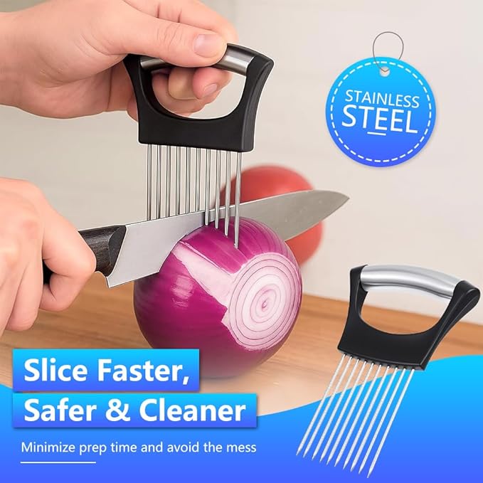Stainless Steel Onion Holder for Slicing, Onion Slicer and Cutter, Kitchen Utensil for Onions, Tomatoes, Avocados, Eggs, Meat and Vegetables (2Pcs)