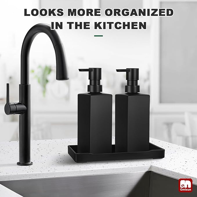 GMISUN Kitchen Soap Dispenser Set, Hand and Dish Soap Dispensers, 12 fl oz/350 ml Black Soap Dispenser with Tray, Glass Dish Dispenser for Kitchen, Liquid Hand Soap and Lotion Bottle Set for Bathroom