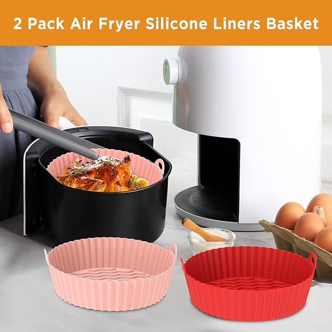 OUTXE 2-Pack 8.5inch Air Fryer Silicone Liner Air Fryer Basket, Reusable Air fryers Silicone Pot Round for 5QT - Air fryer Oven Accessories (Red+Pink)