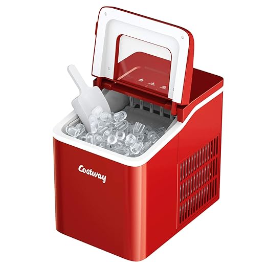 COSTWAY Countertop Ice Maker, 26Lbs/24H Portable Ice Machine with Self-Cleaning Function, Bullet Ice Cubes Ready in 8 Mins, Scoop and Removable Basket,Ice Maker for Home Party Bar, Red