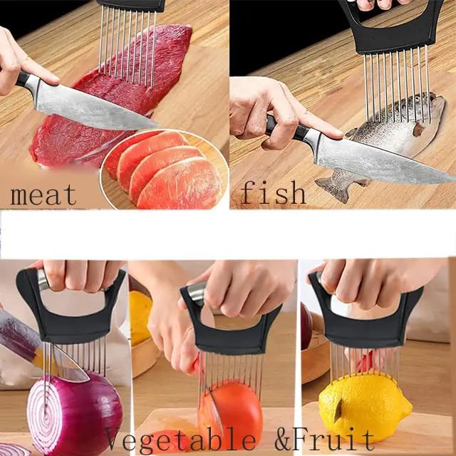 Stainless Steel Onion Holder Slicer.Meat slicer food slice Assistant onion holder. Kitchen Gadgets. Vegetables Holder cutting., madiam, Silver