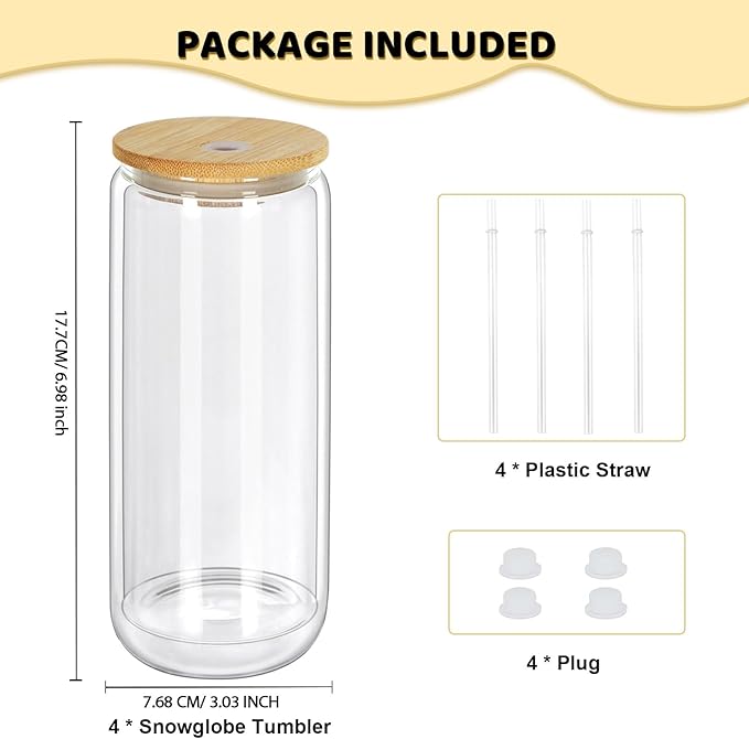 20 Oz Snow Globe Tumbler, 4 Pack Pre-Drilled Sublimation Glass Cup For Glitter Snow Globe Diy, Double Wall Sublimation Glass Tumbler