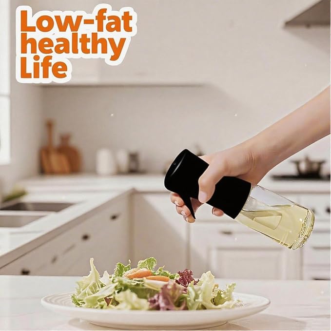 Olive Oil Sprayer for Cooking, 220ml Glass Oil Dispenser for Kitchen Gadgets, Food Grade Premium Spray Bottle, Continuous Spray with Portion Control, for Salad, Frying, BBQ (Black Cap)