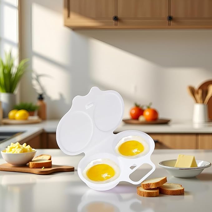 White Egg Poacher, Microwave Egg Boiler Poacher, 2 Cavity Nonstick Poached Egg Maker With Lid, Egg Poacher Microwave Egg Cooker, Double Drain Poached Egg Cups Cookware(13 * 5cm)