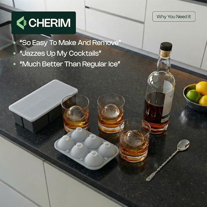 Large Ice Cube & Sphere Mold Set – 6 Whiskey Ice Cubes (2.2") + 6 Ice Spheres (2.4"), Silicone Ice Tray for Bourbon, Cocktails, Slow Melting, Easy Release, BPA-Free