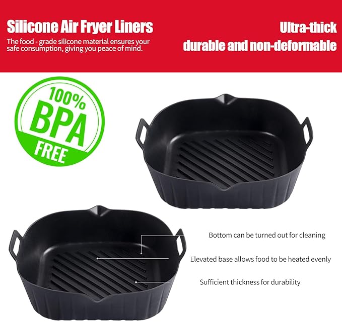 2 Pack Air Fryer Liners,8.5 Inch Silicone Airfryer Liners,Air Fryer Accessories,Reusable Baking Tray Oven Accessories,Replacement of Flammable Parchment Paper (Red Blue) (Black 2 pcs)
