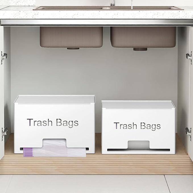 STWWO 2-Pack Trash Bag Holder Dispenser, Stackable Garbage Bag Dispenser, Extra Large Trash Storage Organizer for Kitchen Laundry Under Sink, Wall Mounted or Freestanding, Metal White