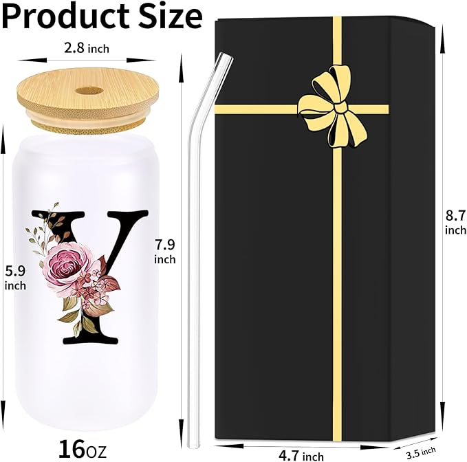 Wulcea Monogrammed Glass Drinking Cup With Lid Straw Women Men Teacher Female Male Best New Appreciation Thank you Favorite Good Goodbye Retirement Friends Social Student Bestie Gifts,Y