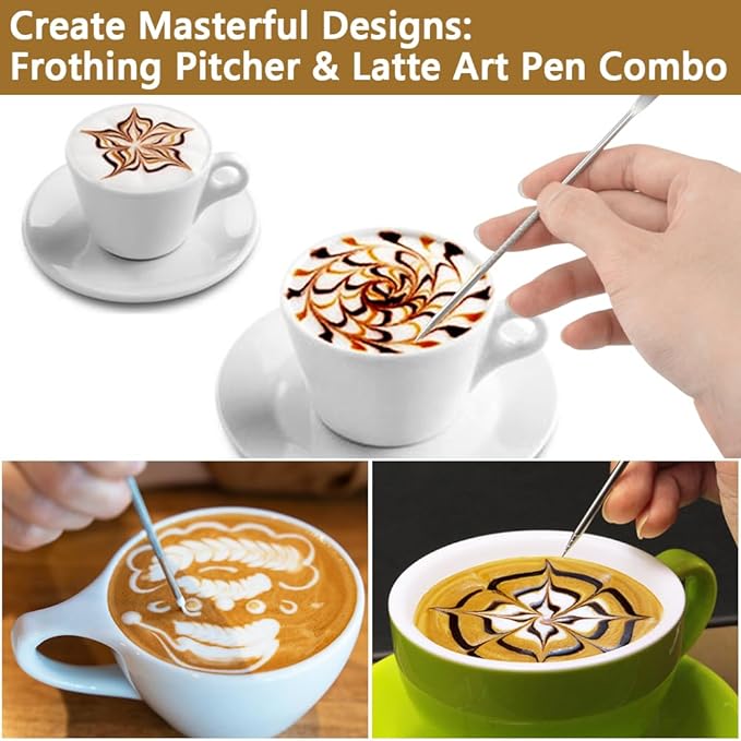 Frothing Milk Pitcher, 12 oz/350 ml Stainless Steel Frothing Milk Jug with Latte Art Pen,with Internal Measurements, for Cappuccino, Espresso and More(white)