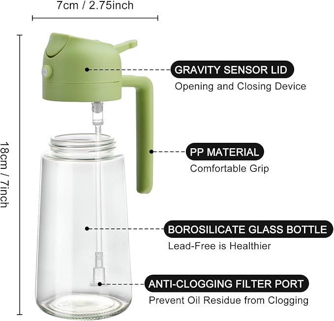 2 In 1 Oil Dispenser And Oil Sprayer, 16 Oz/470 Ml Oil Dispenser For Kitchen Spray, With Fine Mist Nozzle, Suitable For Cooking, Air Fryer, Salad, Grilling(green)