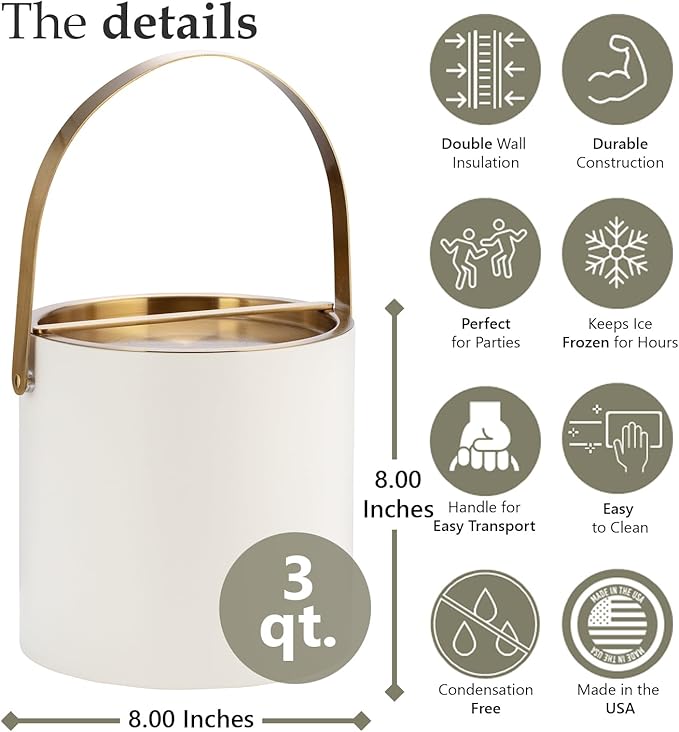 Kraftware SANTA BARBARA 3qt Ice Bucket with Brushed Gold Arch Handle & Bridge Cover: White
