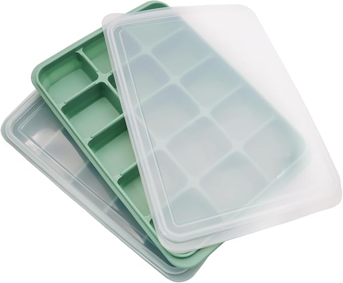 2 Pcs Easy Release Ice Cube Trays, Bamboo Green Flexible Silicone Ice Cube Molds Removable Lid Stackable for Whiskey, Beverages, Baby Food (15 cubes 0.7oz)