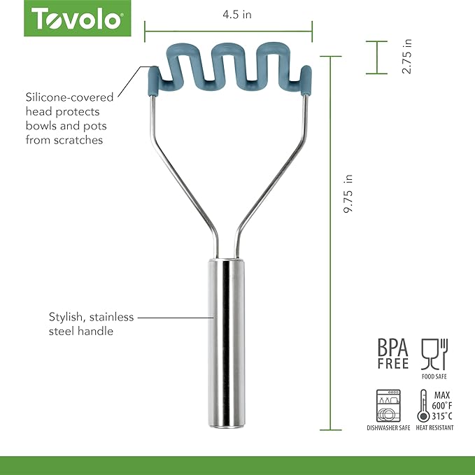 Tovolo Silicone Potato Masher Stainless Steel Handle Pink Sorbet Dishwasher Safe Heat Resistant Non Scratch Handheld Coil Wire Potato Smasher for Nonstick Pans Ergonomic Kitchen Food Prep Tool
