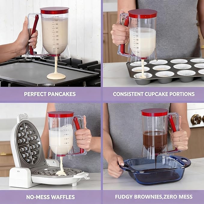 900ML Batter Dispenser,Pancake and Cupcake Separator with Measuring Label and Capacity, Squeeze Handle, BPA-Free, Leak-Proof