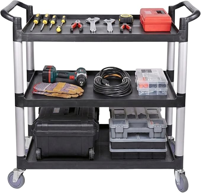 Restaurantware RW Clean 40.2 x 19.7 x 37.8 Inch Utility Cart 1 Rolling Cleaning Cart - Large 4 Shelves Black Plastic Rolling Cart Heavy-Duty For Organization Or Storage