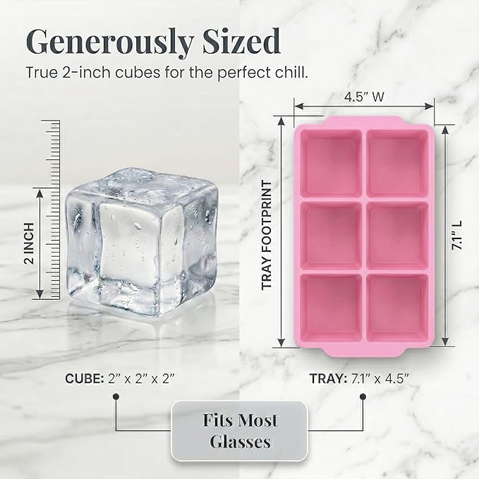 KitchFort Large Silicone Ice Cube Tray (3-Pack), Easy Release 2" Big Ice Cubes - Cocktail, Whiskey Ice Cubes Mold - Ice Trays for Freezer with Lid - Stackable Silicone Ice Tray - Pink