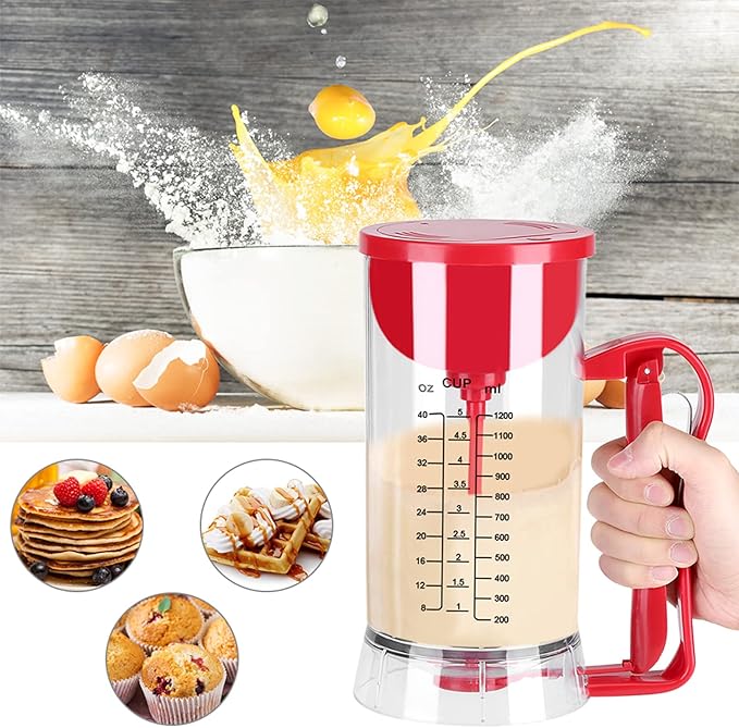 Jerliflyer Pancake Dispenser, Pancake Mixer And Dispenser Battery Batter Separator with Measurement Labels for Cupcakes,Waffles,Muffins(Red)