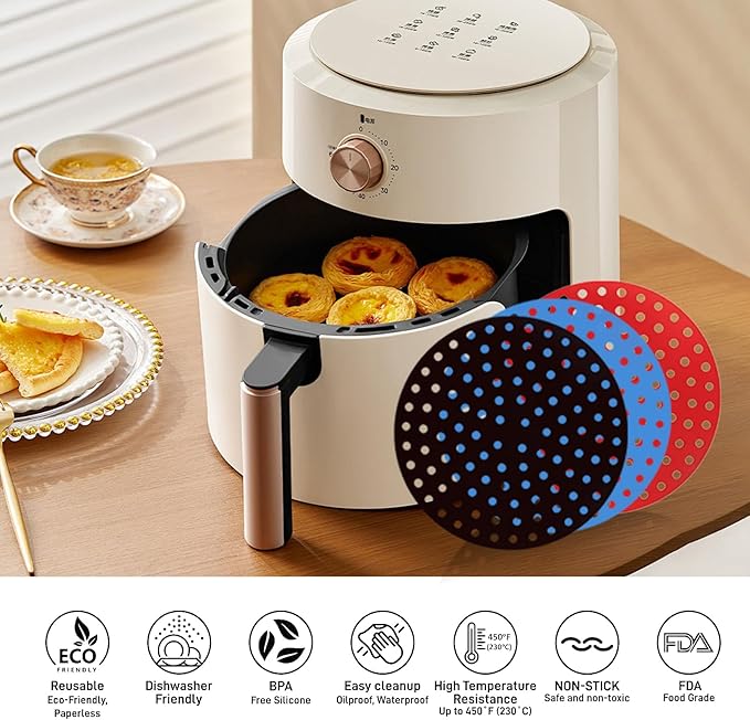 Air Fryer Silicone Liners,3 Pack Reusable Food-Grade Silicone Mat, Non-stick Heat Resistant Air Fryer Accessories (L-Rotundity)