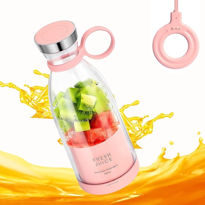 Personal Portable Blender, 350ml USB Rechargeable Smoothie Maker with Stainless Steel Blade, BPA-Free & Easy Clean, Compact Travel Cup for Gym, Office, Home - Pink