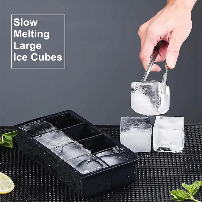 Bangp Silicone Ice Cube Tray with Bin and Tongs,2 Pack Large Silicone Ice Cube Molds,Large Square Ice Cube Trays Making 16 Whiskey Ice Cubes for Cocktails,Bourbon,BPA-Free,Easy to Fill & Release