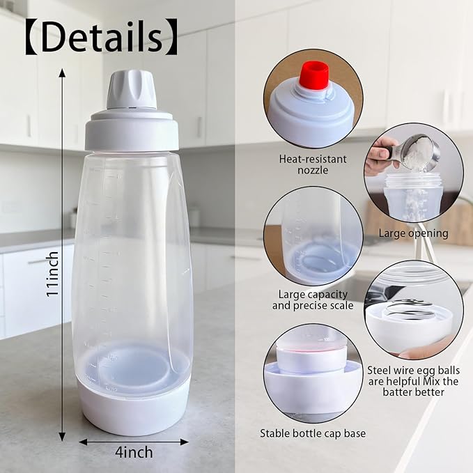 2 Packs of Pancake Batter Dispenser,1000ml Squeeze Pancake Dispenser Mixer Bottle with Stainless Steel wire whisk Ball,Suitable for Pancakes Crepes Waffle Muffins Qatayef Cupcak