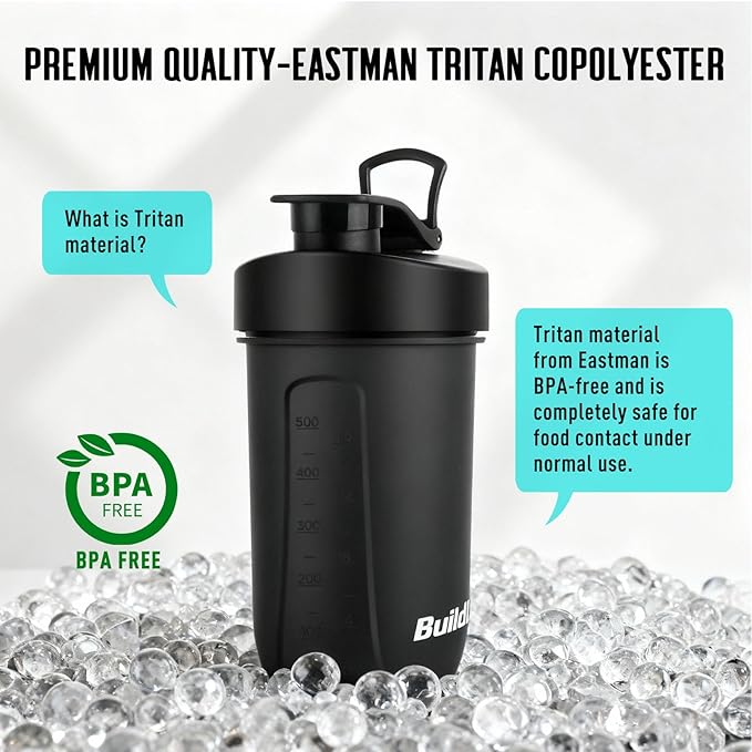 BuildLife Protein Shaker Bottle, 20oz Tritan Shaker Cup with Silent Mixing Grid – Lump Free Shakes 600ML for Pre Workout Protein & Smoothies, BPA-Free Leakproof Dishwasher Safe (Black)