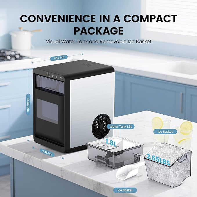 Electactic Nugget Ice Maker Countertop, Chewable Pellet Ice Machine with Handle, 44lbs Per Day Portable Ice Makers, Auto-Cleaning Ice Machine with Basket and Scoop for Home/Party/RV/Camping (Silver)