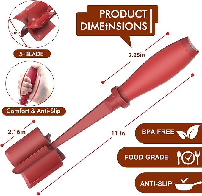 Upgrade Meat Chopper, Heat Resistant Meat Masher for Hamburger Meat, Ground Beef Smasher, Nylon Hamburger Chopper Utensil, Ground Non Stick Mix Chopper, Mix and Chop, Potato Masher Tool(Red)