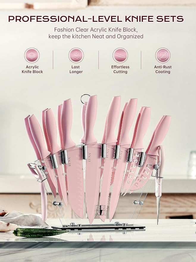 EUNA Knife Block Set, 19 PCS Kitchen Knife Set with Acrylic Block and Sharpener, German High-Carbon Stainless Steel Knife Sets with 6 Serrated Steak Knives, Bread Knife, Chef Knife, Rust-Proof