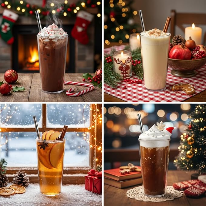 Honeydak 4 Pack 24 oz Reusable Iced Coffee Cups with Lids and Straws Leakproof Double Wall Insulated Clear Plastic Iced Coffee Tumblers with Straw Brushes