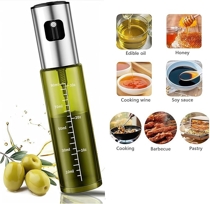 Cooking Oil Spray Bottle, Olive Oil and Avocado Oil Spray Bottle, 100ml Olive Oil Spray Bottle, Kitchen Tools, Air Fryer, Salad, Frying, Grilling (light-blocking glass)-Silver