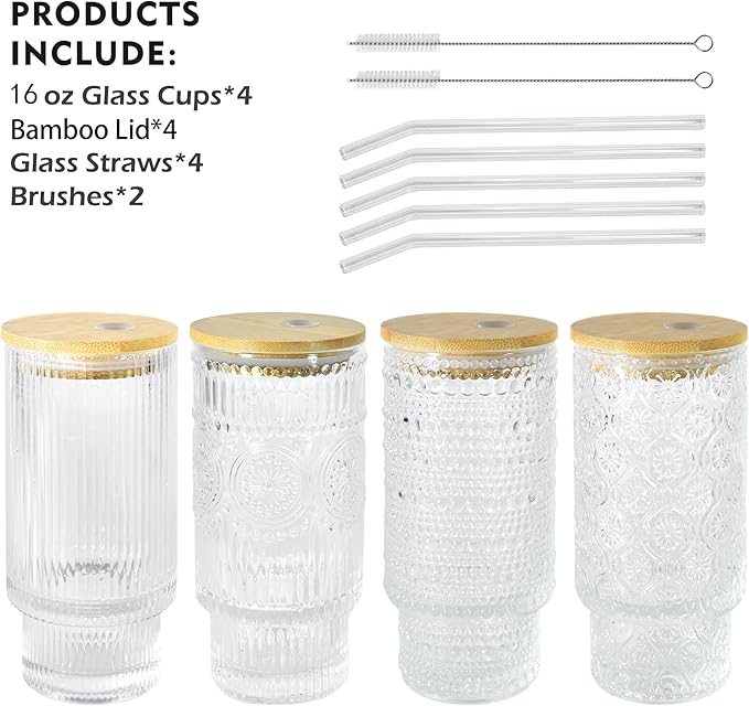 16oz Glasses Cups with Bamboo Lids Straws Brush Vintage Glass Tumbler Set for Mojito Iced Coffee Beer Cocktail Whiskey(Mixed)