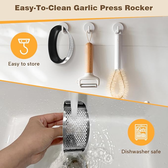 Cook Guy 304 Stainless Steel Garlic Press Rocker Set - Premium Garlic Mincer, Crusher, Peeler and Scraper Tool for Effortless Mincing - Comfortable Grip Garlic Grinder (Silver)