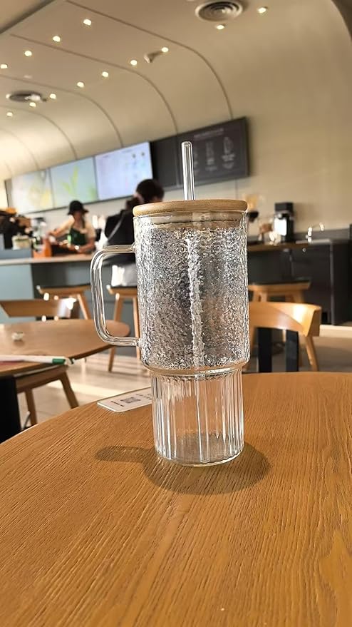 32oz Ribbed Glass Cup with Handle Lid and Straw, Borosilicate Glass Tumblers, Iced Coffee Cups Modern Glass Mug Hot/Cold Drinks for Smoothies, Tea, and Juice (clear-1 Pack-Bamboo Lid)