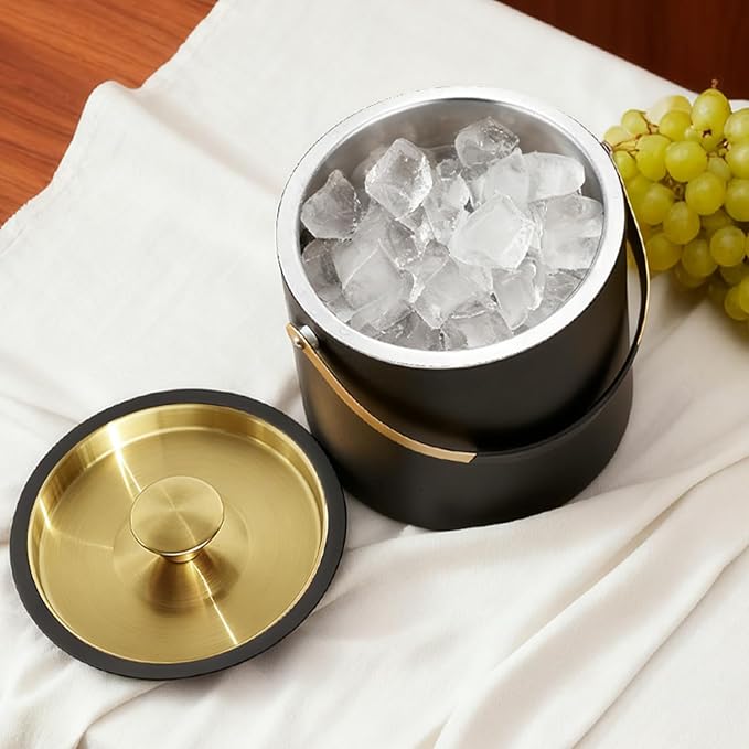 3.2L/3.4QT Modern Insulated Ice Bucket with Silicone Lid, Scoop, Strainer, Double Wall Stainless Steel Ice Bucket for Parties & Cocktail Bar,Ideal for Gift(Black)