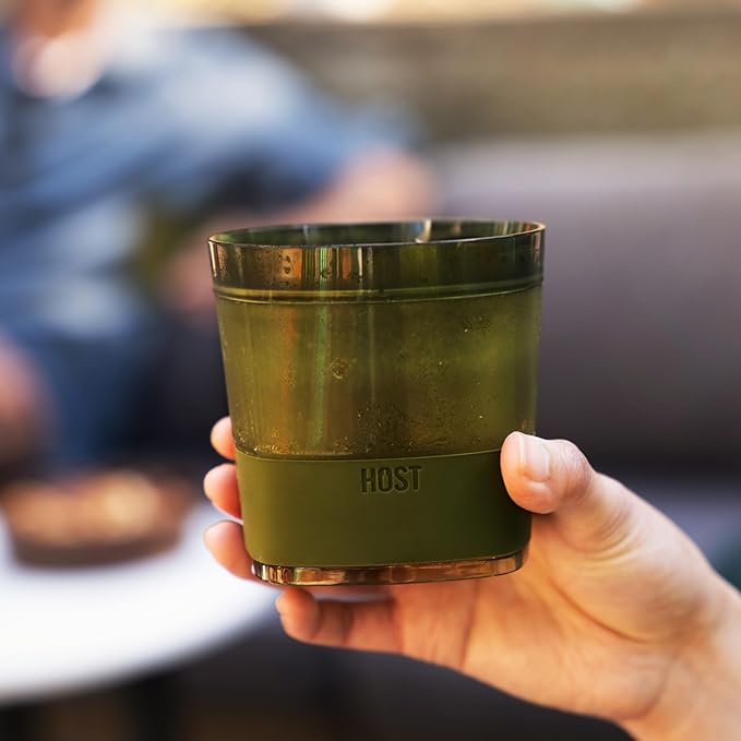 Host Whiskey Freeze Glasses, Double Old Fashioned Glasses, Chill Without Dilution for Bourbon, Vodka, Cold Brew Cocktails, Bourbon Gifts for Men, Home Bar, 9 oz, Set of 2, Olive Green