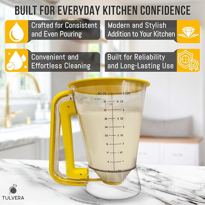 Pancake Batter Dispenser | 5-Cup Mix Pourer for Pancakes, Waffles, Crepes, Muffins, Cupcakes | Squeeze Handle, Portion Control Pitcher, Durable Drip-Free Design | Baking Accessories (Classic Yellow)