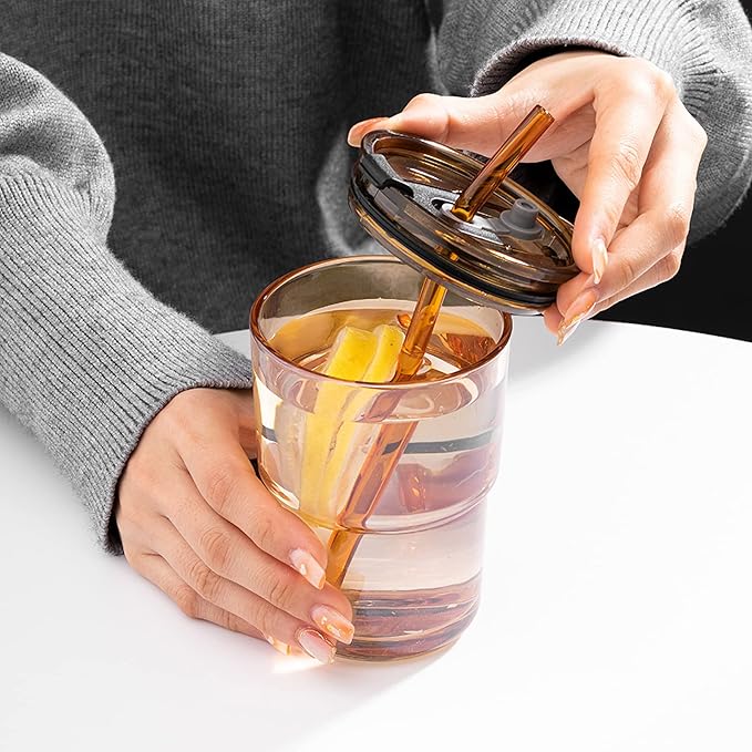 BLUEPOLAR 13 oz Tumbler Water Glass, Water Bottle with Straw and Dustproof Lid, Coffee Ice Cup Double Wall Insulated Glass Cup (Amber-2Pack)