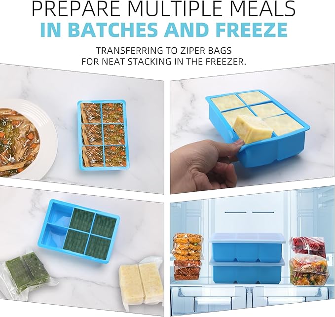 1/2-Cup & 1 Tbsp Silicone Freezer Molds - Perfect for Storing Garlic, Herbs, Ginger, Pesto, Tomato Paste, Freezing Soup,Stews,Sauces,Purees and More - Silicone Food Freezer Tray (Blue 2 Pack)
